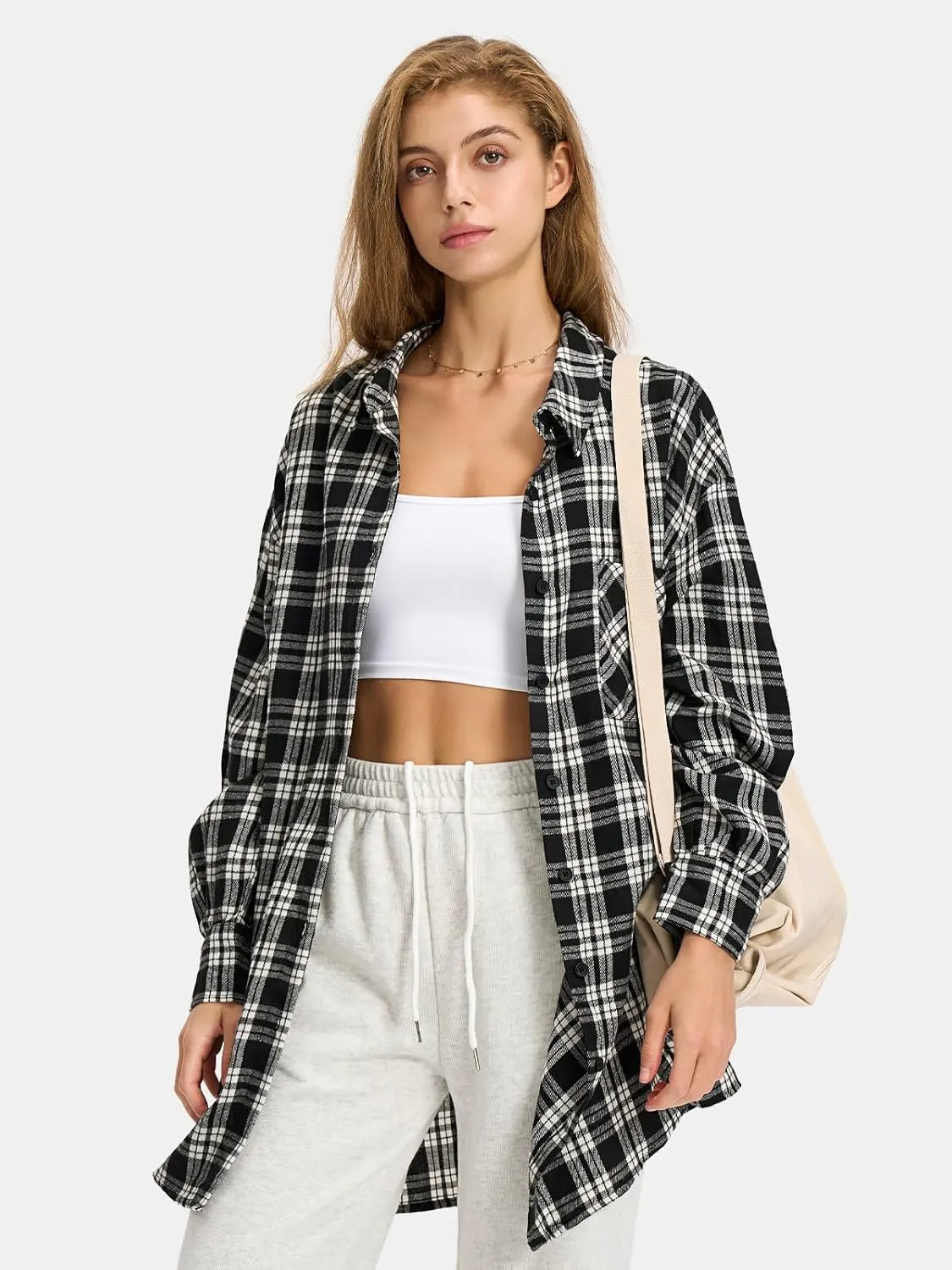 EXLURA Womens Plaid Flannel Shacket Long Sleeve Button Down Shirts Long Jackets Oversized Spring Fashion Outfits 2025 Clothes