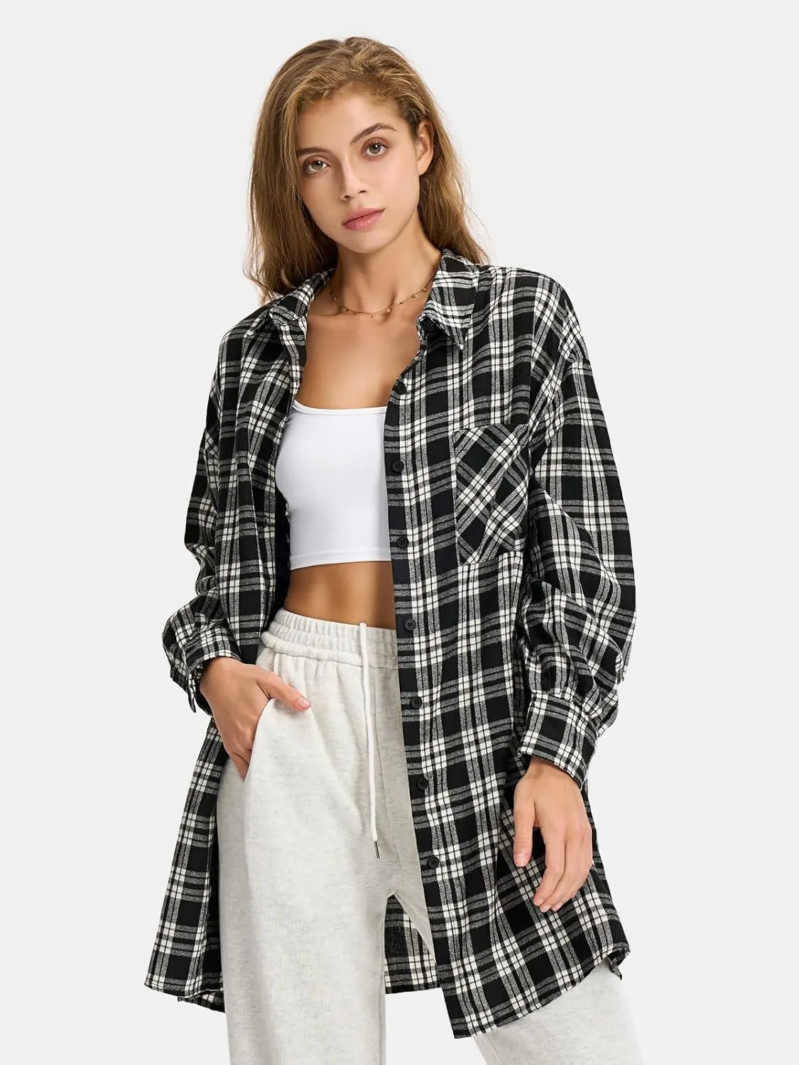 EXLURA Womens Plaid Flannel Shacket Long Sleeve Button Down Shirts Long Jackets Oversized Spring Fashion Outfits 2025 Clothes