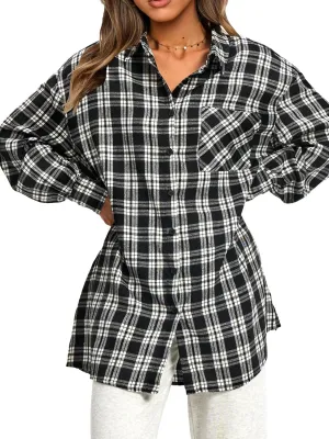 EXLURA Womens Plaid Flannel Shacket Long Sleeve Button Down Shirts Long Jackets Oversized Spring Fashion Outfits 2025 Clothes