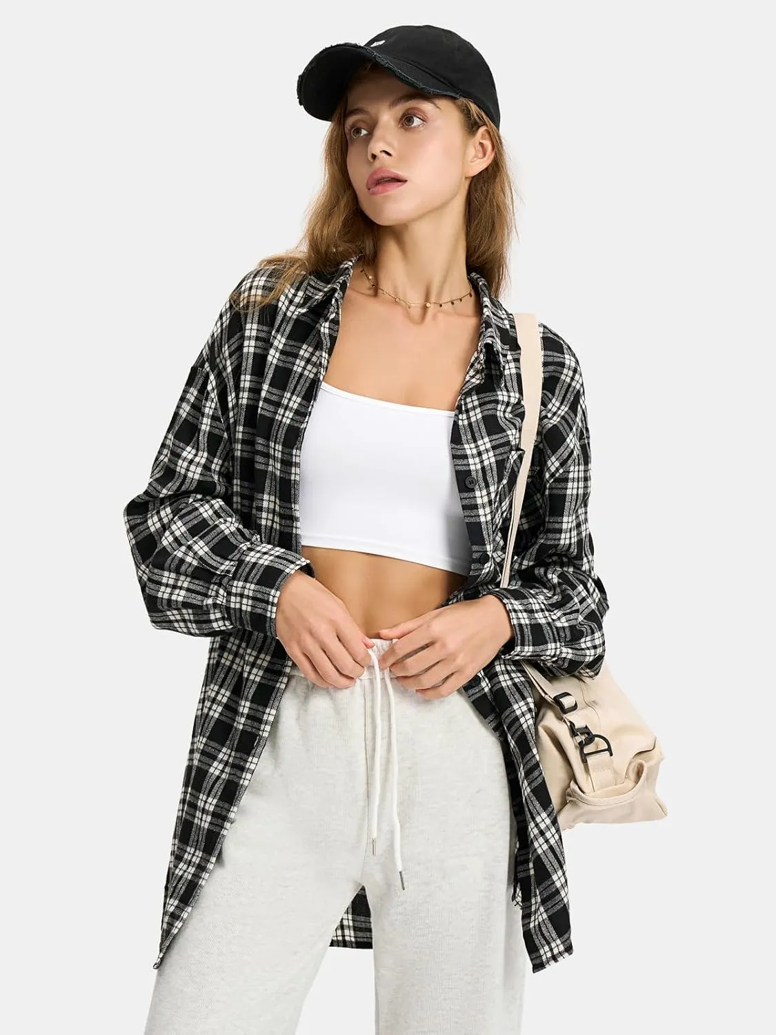 EXLURA Womens Plaid Flannel Shacket Long Sleeve Button Down Shirts Long Jackets Oversized Spring Fashion Outfits 2025 Clothes