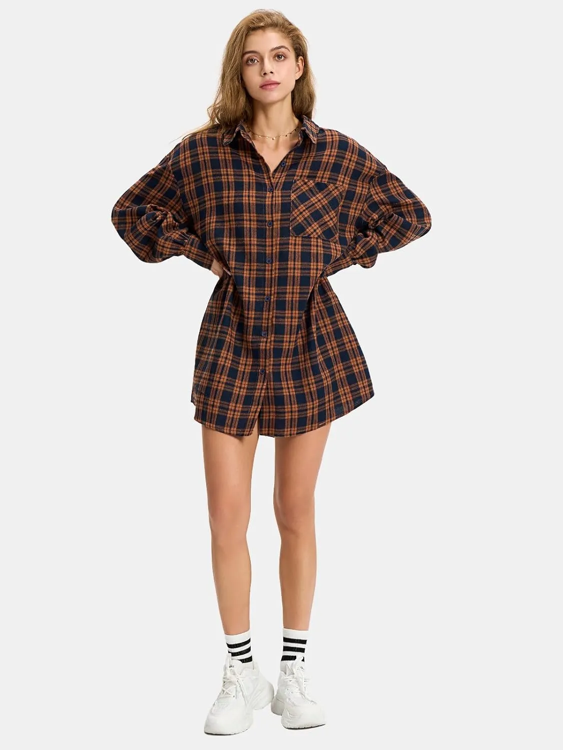 EXLURA Womens Plaid Flannel Shacket Long Sleeve Button Down Shirts Long Jackets Oversized Spring Fashion Outfits 2025 Clothes