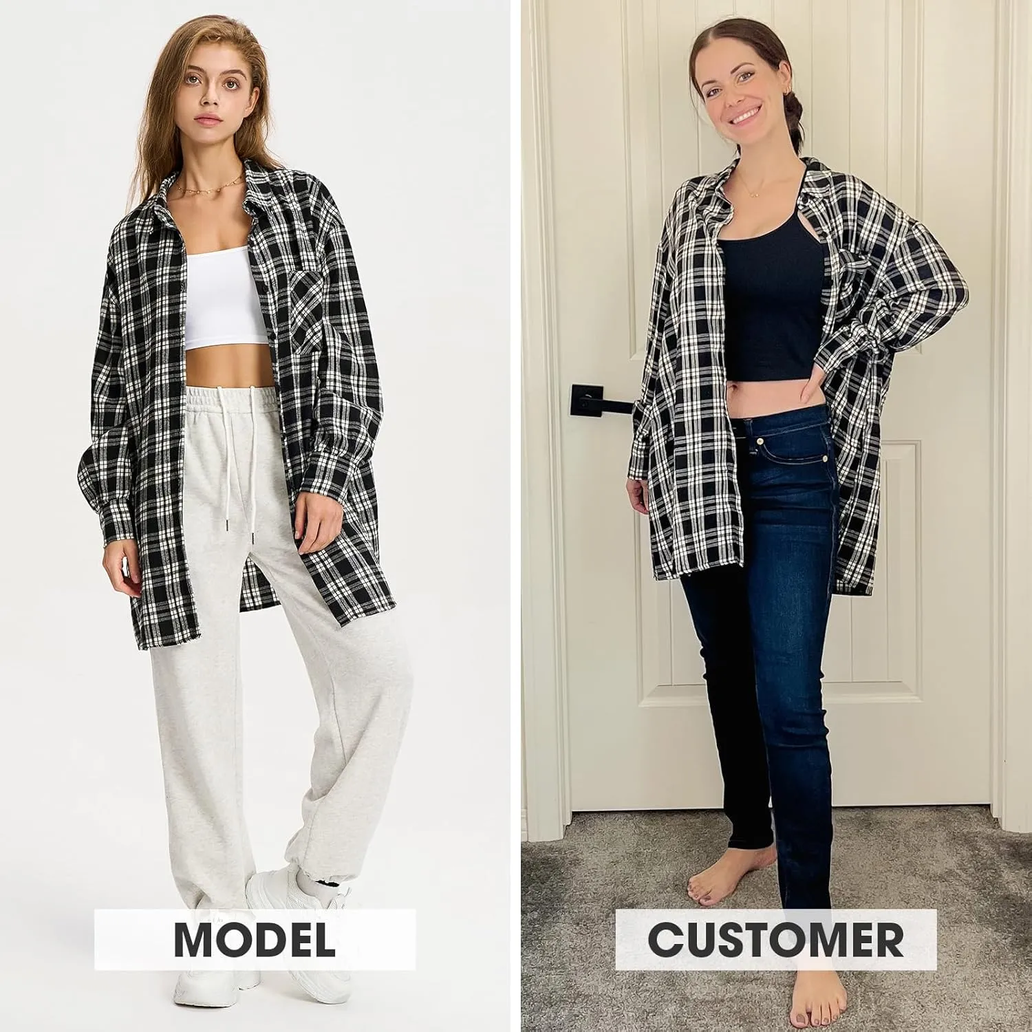 EXLURA Womens Plaid Flannel Shacket Long Sleeve Button Down Shirts Long Jackets Oversized Spring Fashion Outfits 2025 Clothes