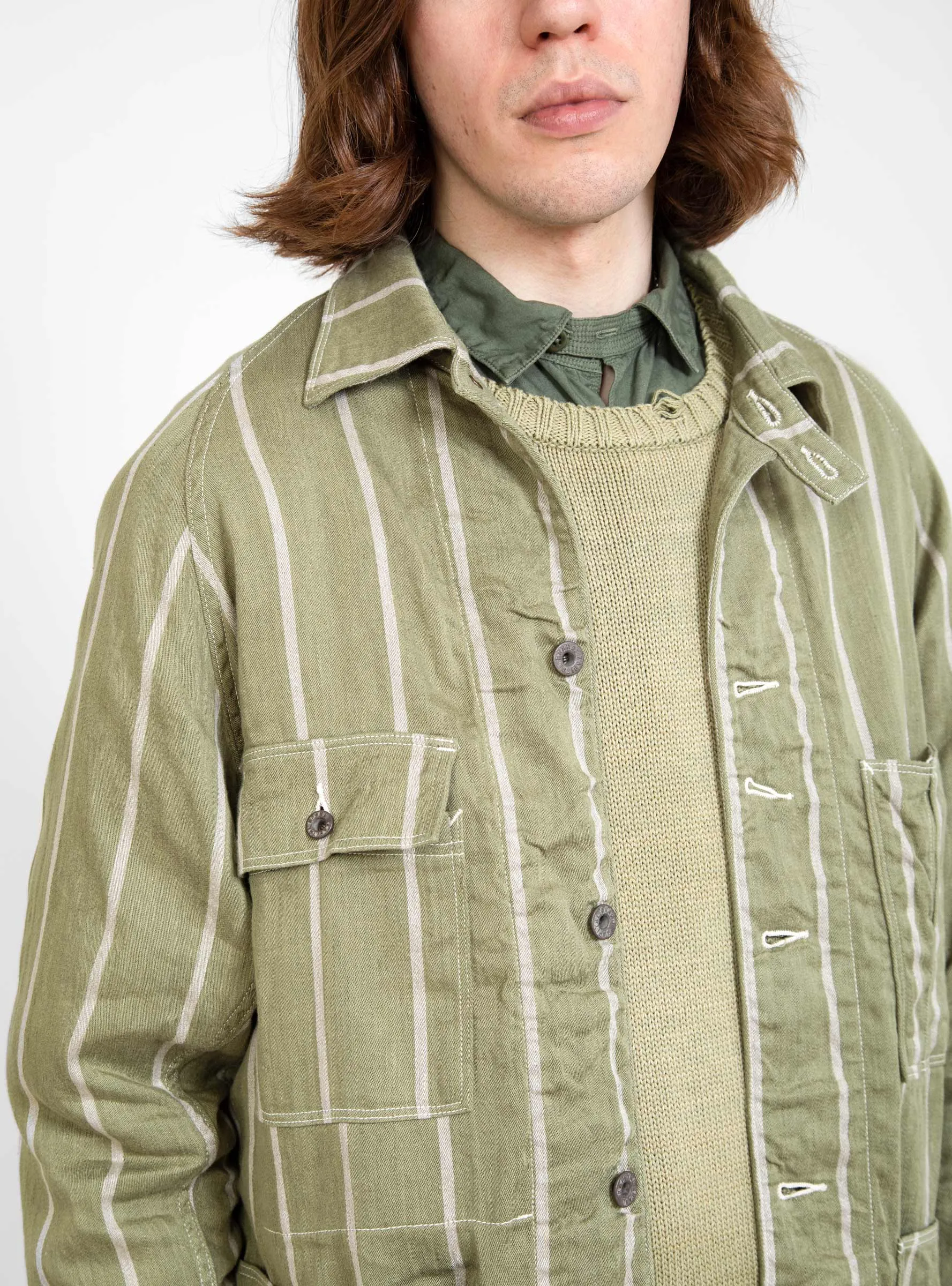 Linen Phillies Stripe Cactus Coverall Jacket Khaki