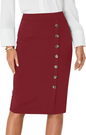 LYANER Women's Basic Stretch High Waist Pencil Bodycon Button Knee Length Straight Office Midi Skirt