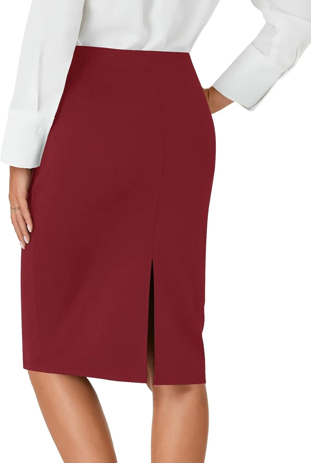 LYANER Women's Basic Stretch High Waist Pencil Bodycon Button Knee Length Straight Office Midi Skirt