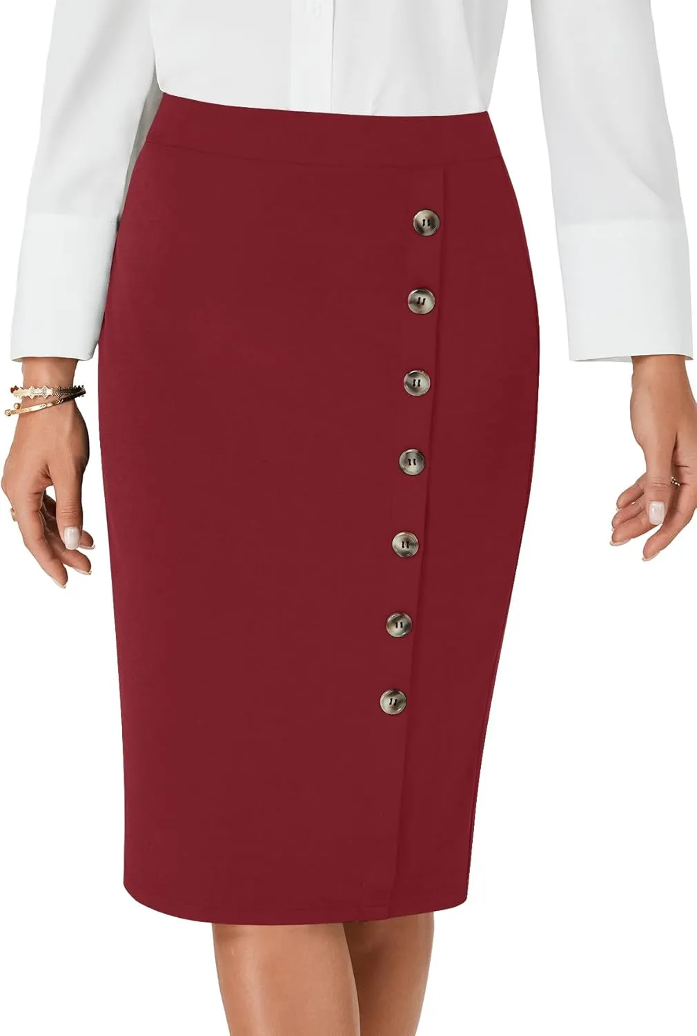 LYANER Women's Basic Stretch High Waist Pencil Bodycon Button Knee Length Straight Office Midi Skirt
