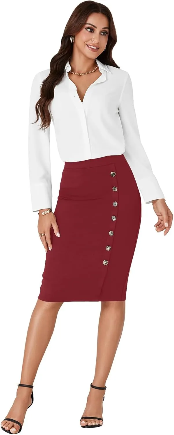 LYANER Women's Basic Stretch High Waist Pencil Bodycon Button Knee Length Straight Office Midi Skirt