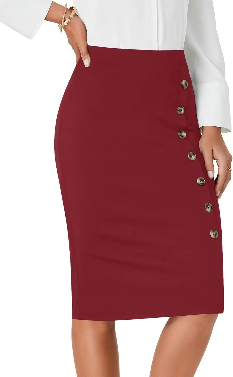 LYANER Women's Basic Stretch High Waist Pencil Bodycon Button Knee Length Straight Office Midi Skirt