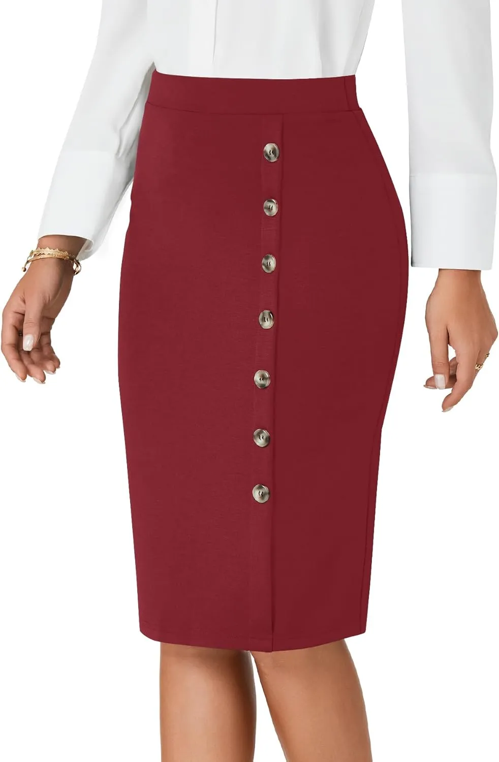 LYANER Women's Basic Stretch High Waist Pencil Bodycon Button Knee Length Straight Office Midi Skirt