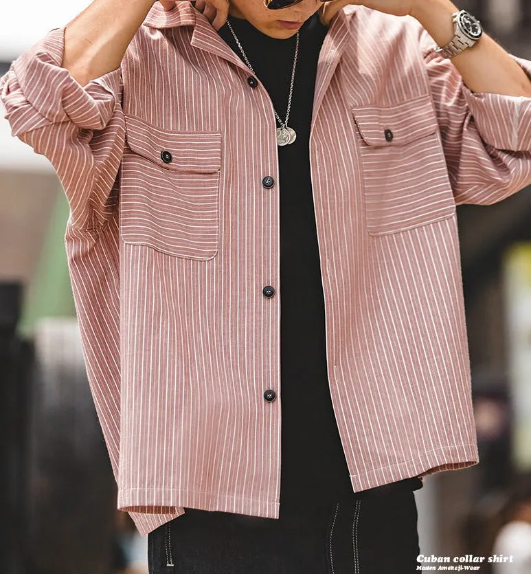 Maden Striped Cuban Collar Men Shirt Jap Retro Patchwork Vintage Pocket Long-sleeved Polyester Cotton Spring Fall Shirt Trend