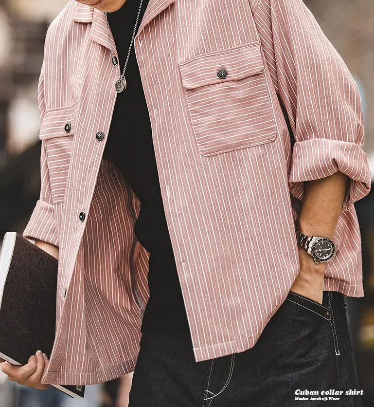 Maden Striped Cuban Collar Men Shirt Jap Retro Patchwork Vintage Pocket Long-sleeved Polyester Cotton Spring Fall Shirt Trend