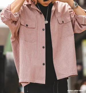 Maden Striped Cuban Collar Men Shirt Jap Retro Patchwork Vintage Pocket Long-sleeved Polyester Cotton Spring Fall Shirt Trend