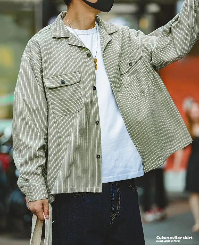 Maden Striped Cuban Collar Men Shirt Jap Retro Patchwork Vintage Pocket Long-sleeved Polyester Cotton Spring Fall Shirt Trend