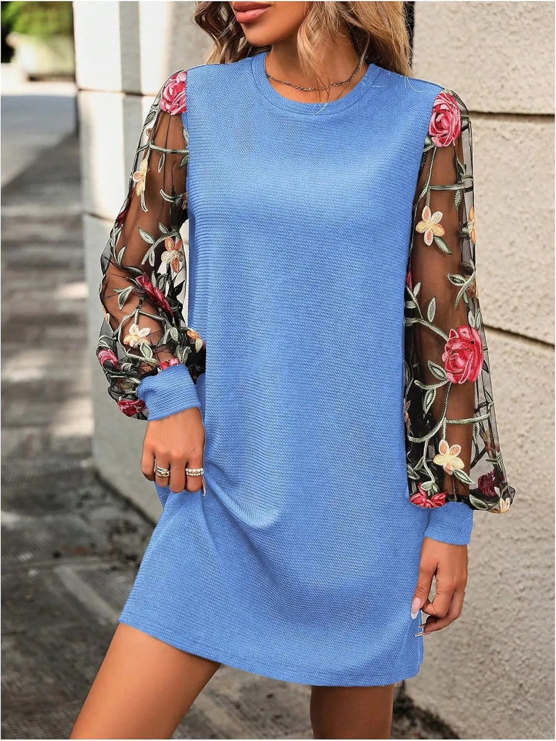 MakeMeChic Women's Summer Long Sleeve Floral Sheer Dress Wedding Guest Mesh Crew Neck Lace Black Mini Dresses