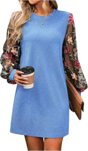 MakeMeChic Women's Summer Long Sleeve Floral Sheer Dress Wedding Guest Mesh Crew Neck Lace Black Mini Dresses
