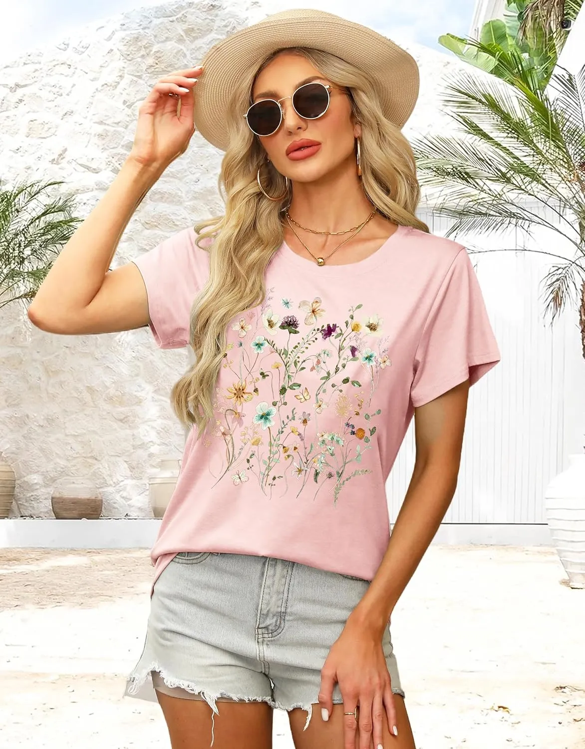 MAPICK Women's Floral Graphic Tees Short Sleeve Casual T-Shirts Boho Style Cute Summer Loose Fit Tops