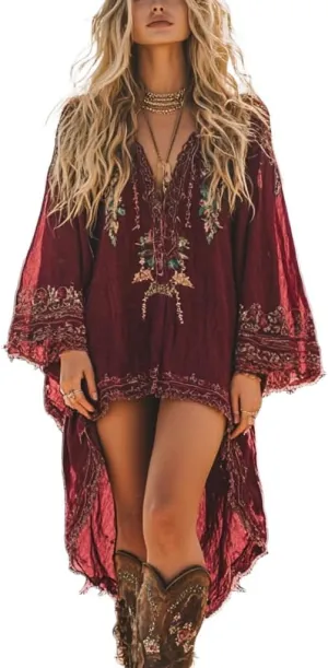Melliflo Womens Vintage Western Dresses Sexy V-Neck Boho Floral Mini Dress Long Sleeve Asymmetrical Hem Lace Short Sundress