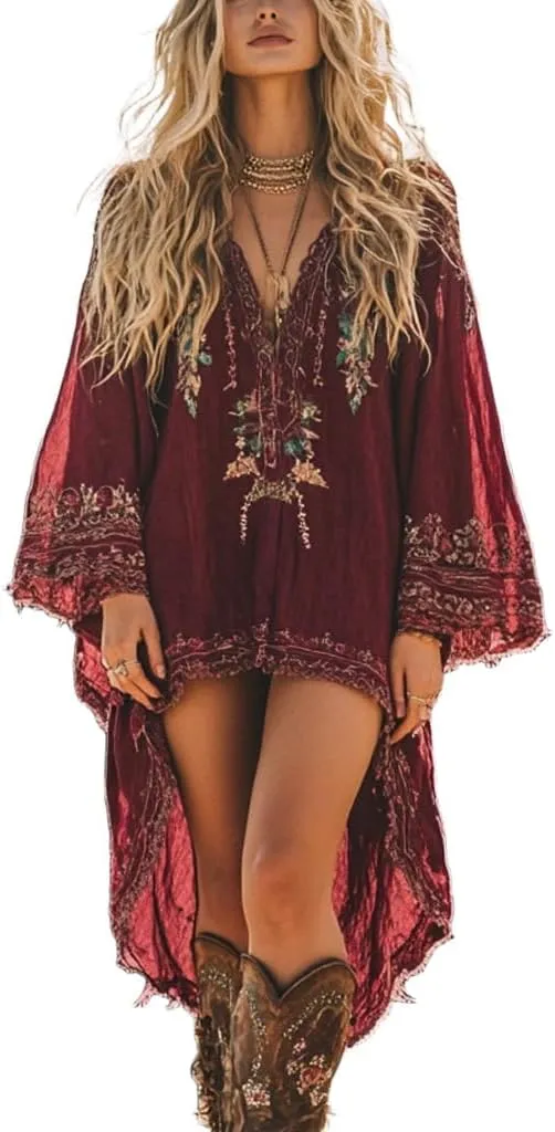 Melliflo Womens Vintage Western Dresses Sexy V-Neck Boho Floral Mini Dress Long Sleeve Asymmetrical Hem Lace Short Sundress
