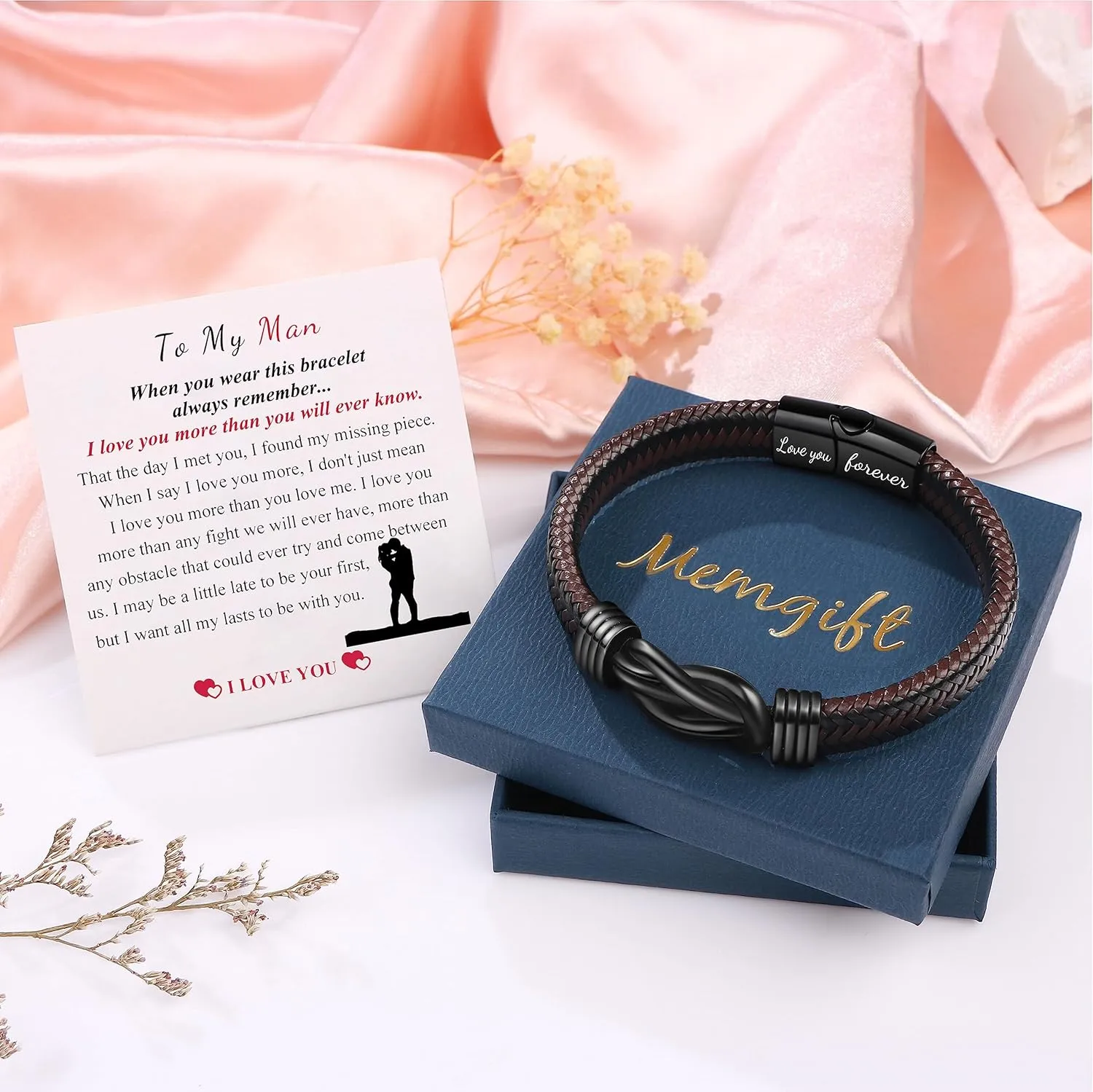 Memgift Gifts for Man Bracelets for Dad Son Gifts Brown Braided Leather Knot Bracelets for Son Grandson Husband Man Love You Forever Jewelry for Brother Boyfriend 7.5 8.5 9 Inches