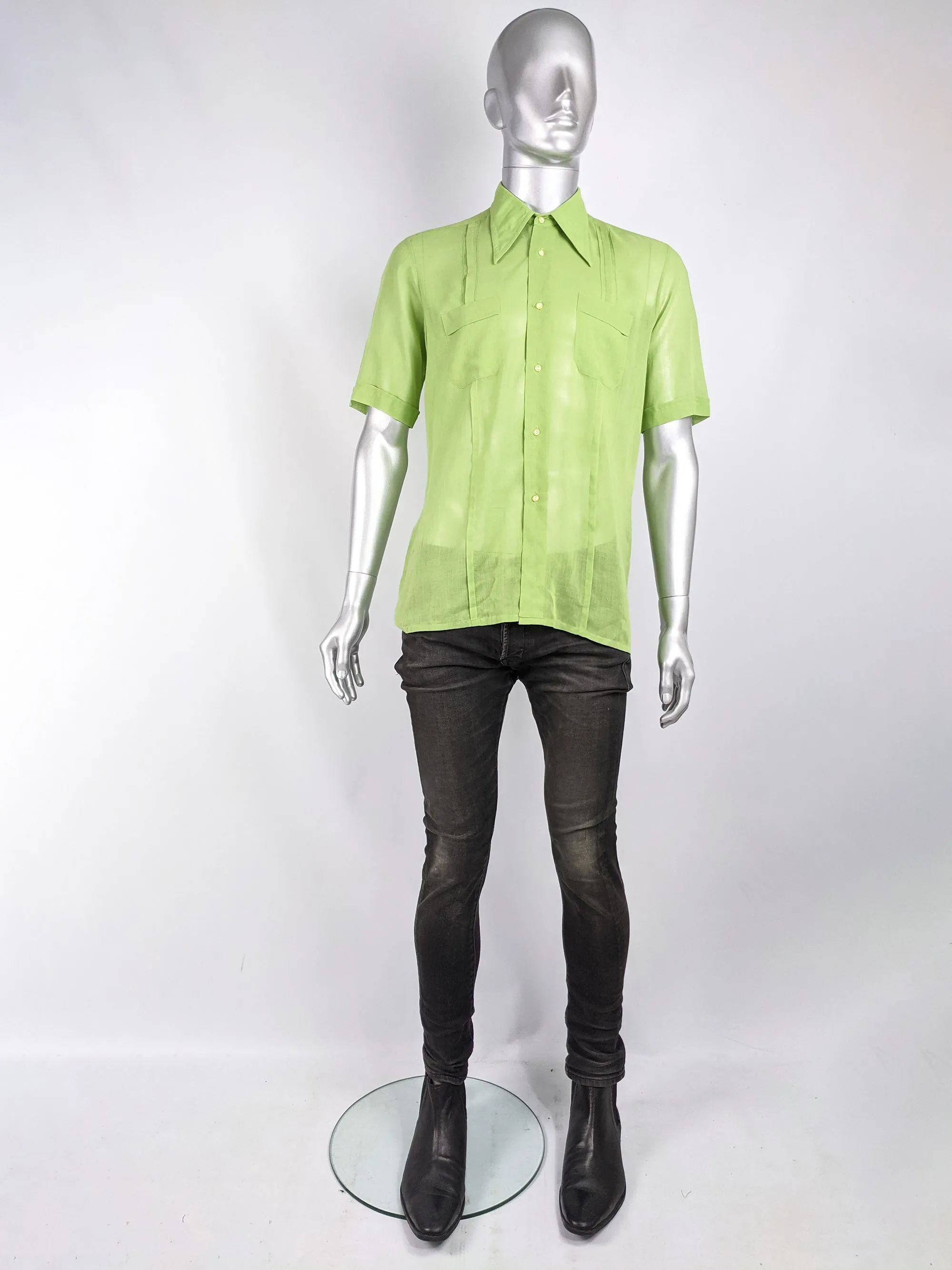 Mens Vintage Green Sheer Pleated Shirt, 1960s