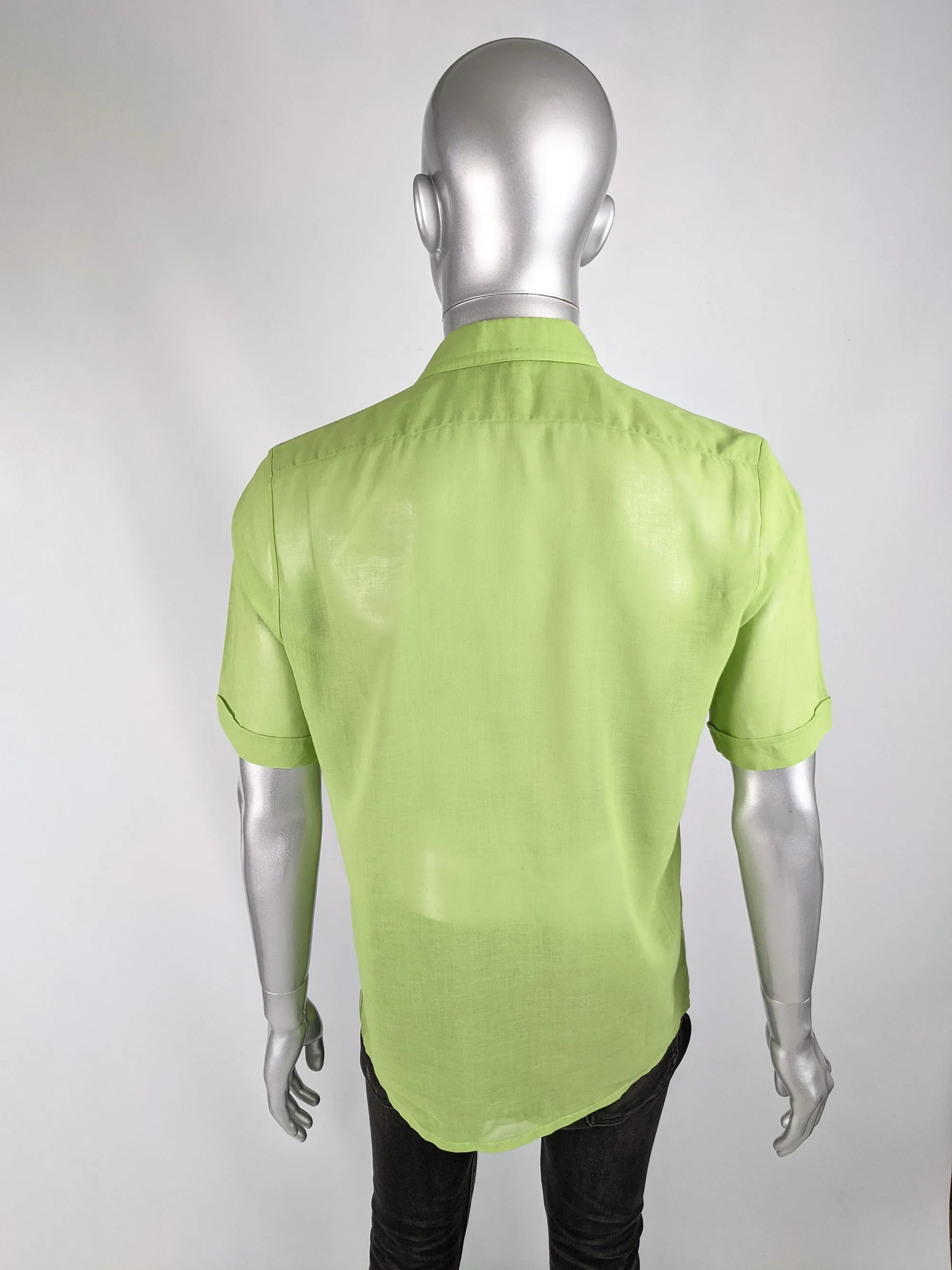 Mens Vintage Green Sheer Pleated Shirt, 1960s