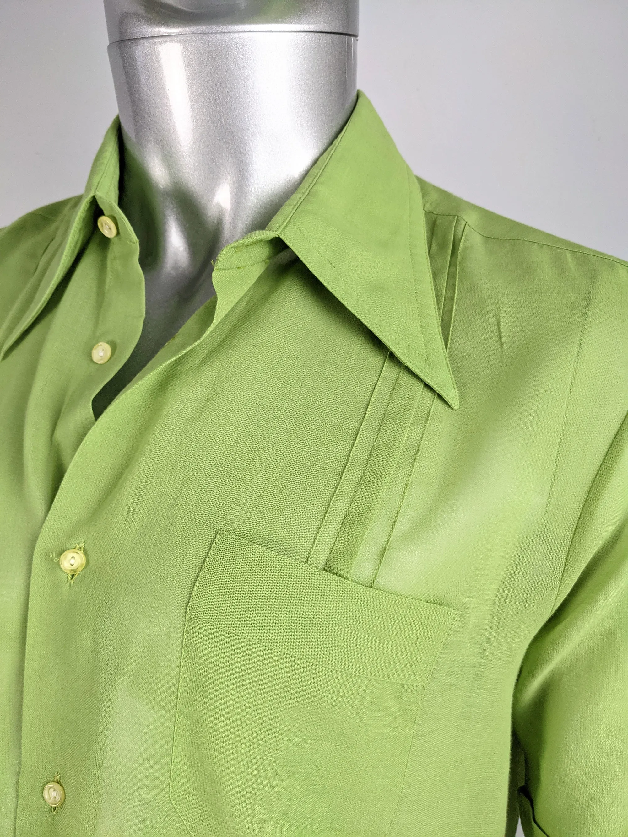 Mens Vintage Green Sheer Pleated Shirt, 1960s