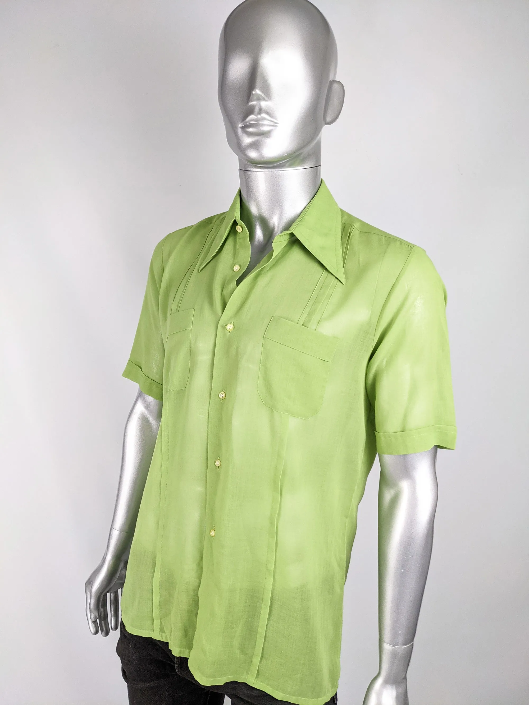 Mens Vintage Green Sheer Pleated Shirt, 1960s