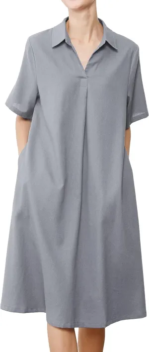 Minibee Women's Linen Shirt Dress Plus Size V Neck Short Sleeve Casual Summer Swing Midi Dresses