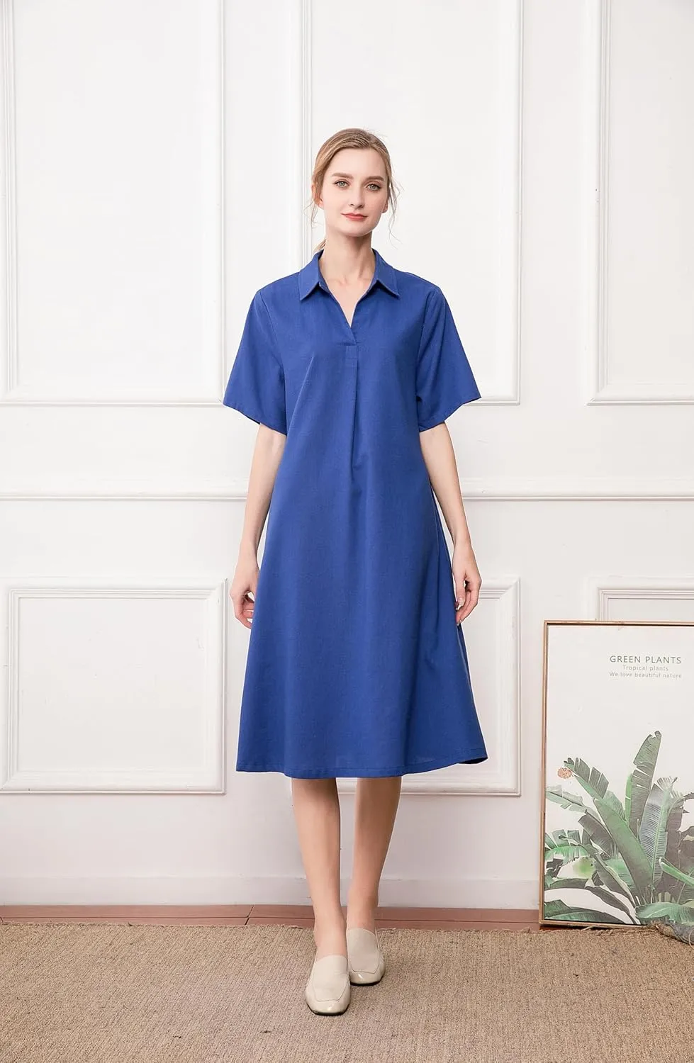 Minibee Women's Linen Shirt Dress Plus Size V Neck Short Sleeve Casual Summer Swing Midi Dresses