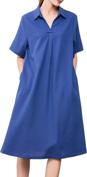 Minibee Women's Linen Shirt Dress Plus Size V Neck Short Sleeve Casual Summer Swing Midi Dresses