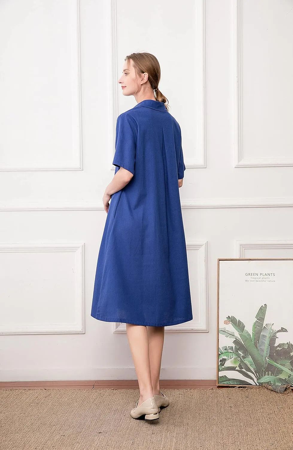 Minibee Women's Linen Shirt Dress Plus Size V Neck Short Sleeve Casual Summer Swing Midi Dresses