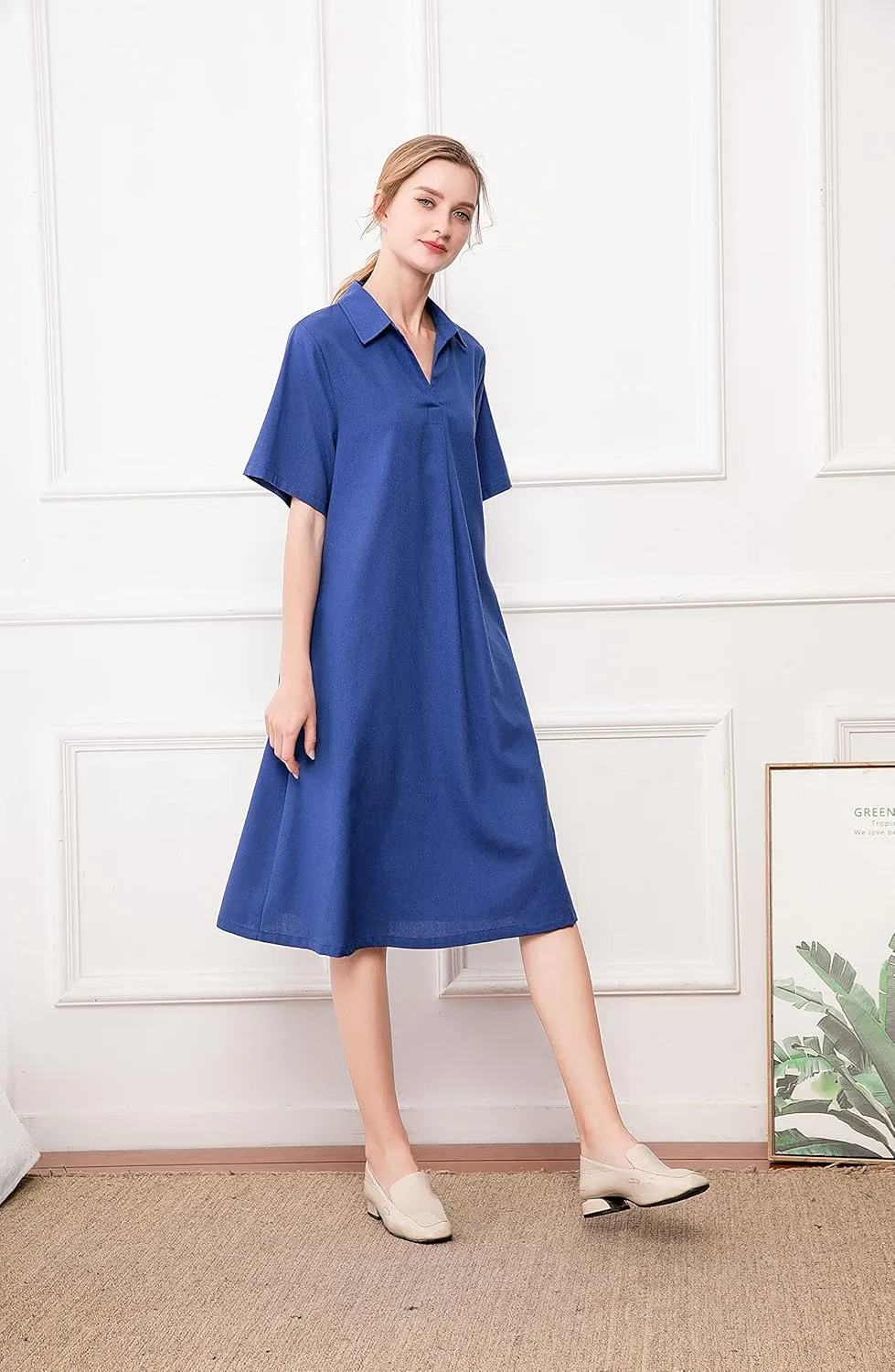 Minibee Women's Linen Shirt Dress Plus Size V Neck Short Sleeve Casual Summer Swing Midi Dresses