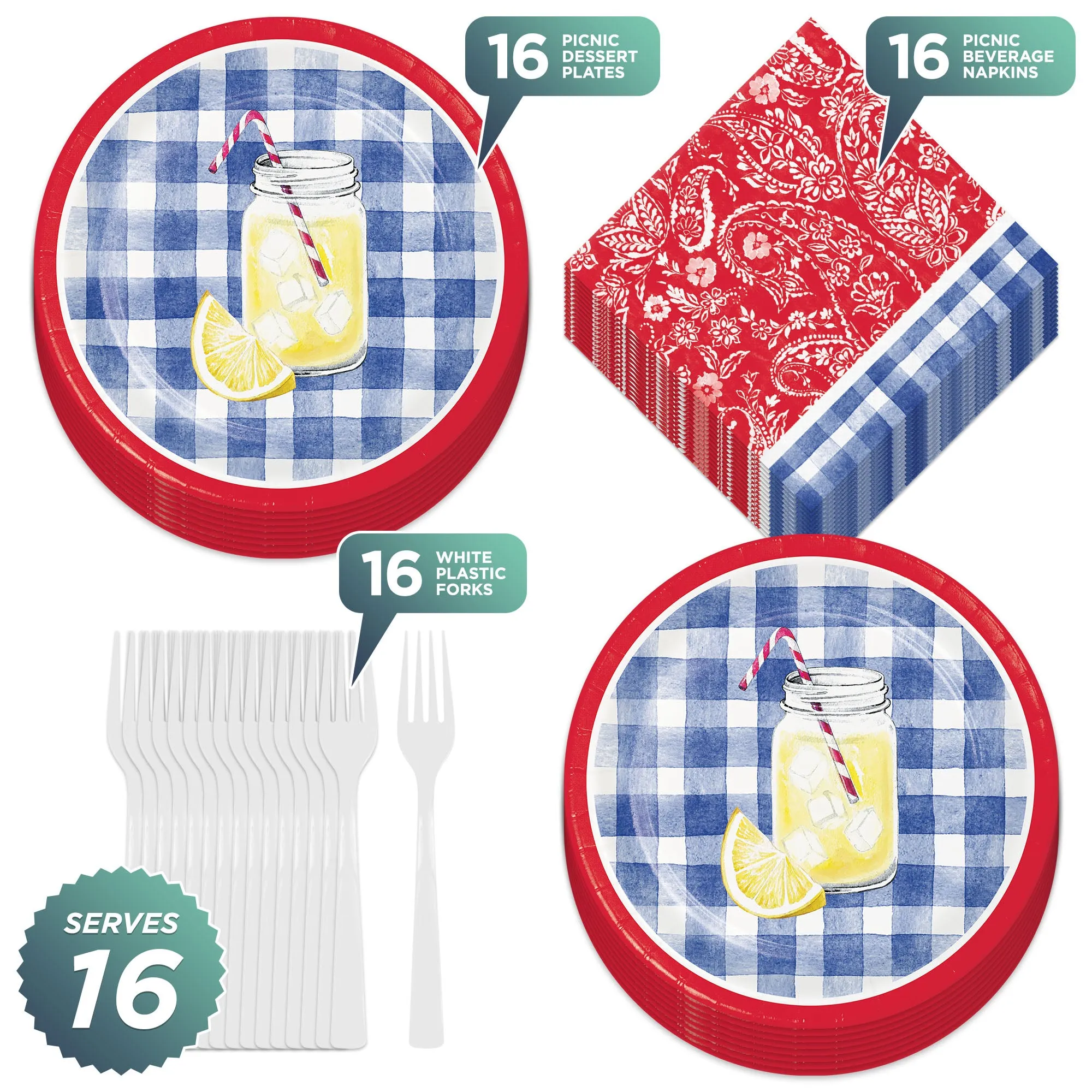 Paisley & Plaid Lemonade Picnic Blue Gingham Paper Plates, Napkins, & Forks (Serves 16)