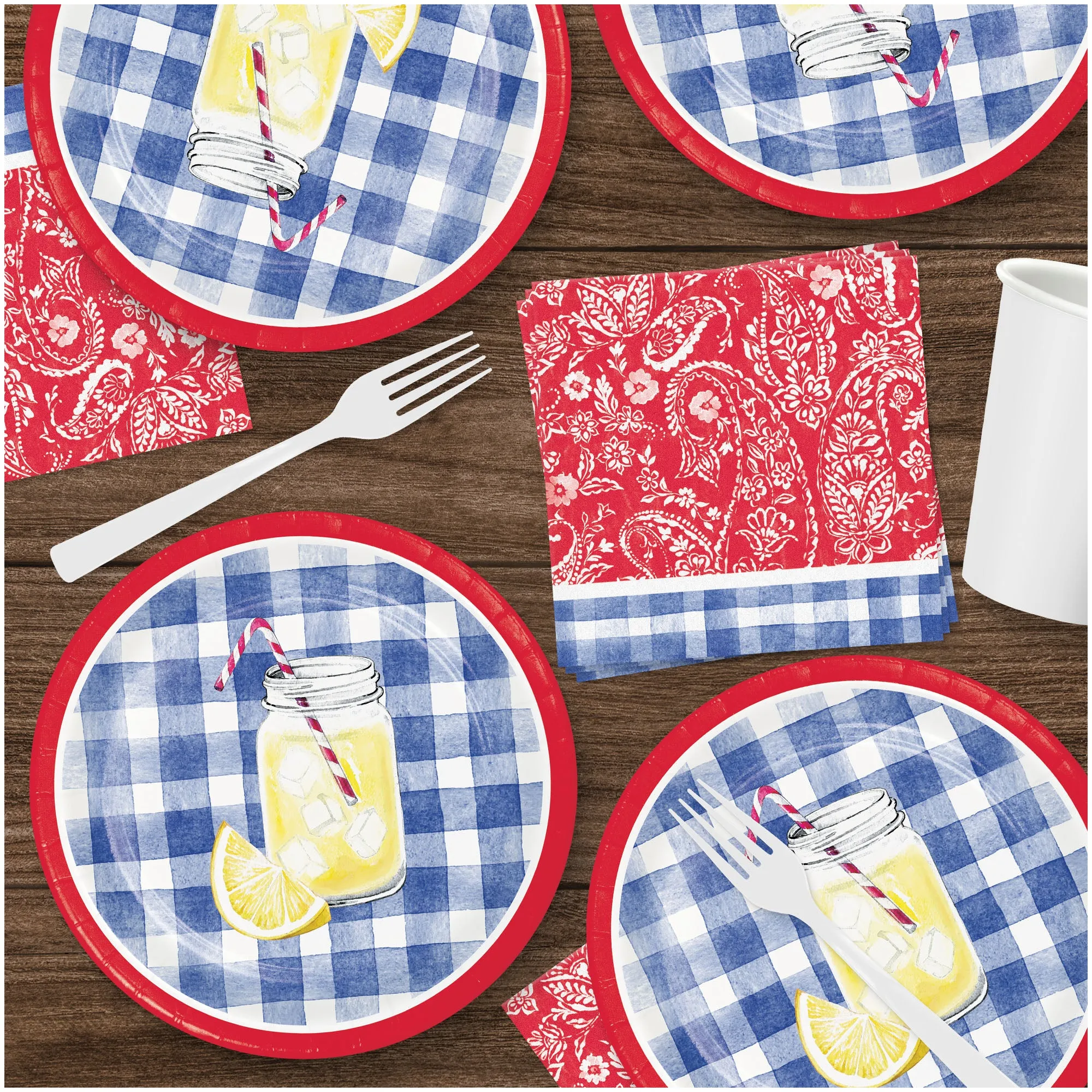 Paisley & Plaid Lemonade Picnic Blue Gingham Paper Plates, Napkins, & Forks (Serves 16)