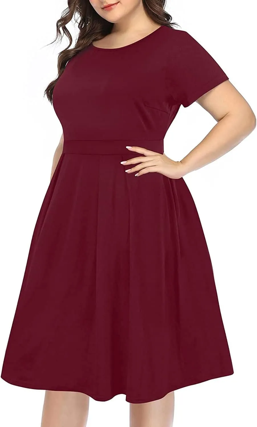 Pinup Fashion Plus Size Work Dress-Church Business Casual Short Sleeve A-Line Dress with Pockets