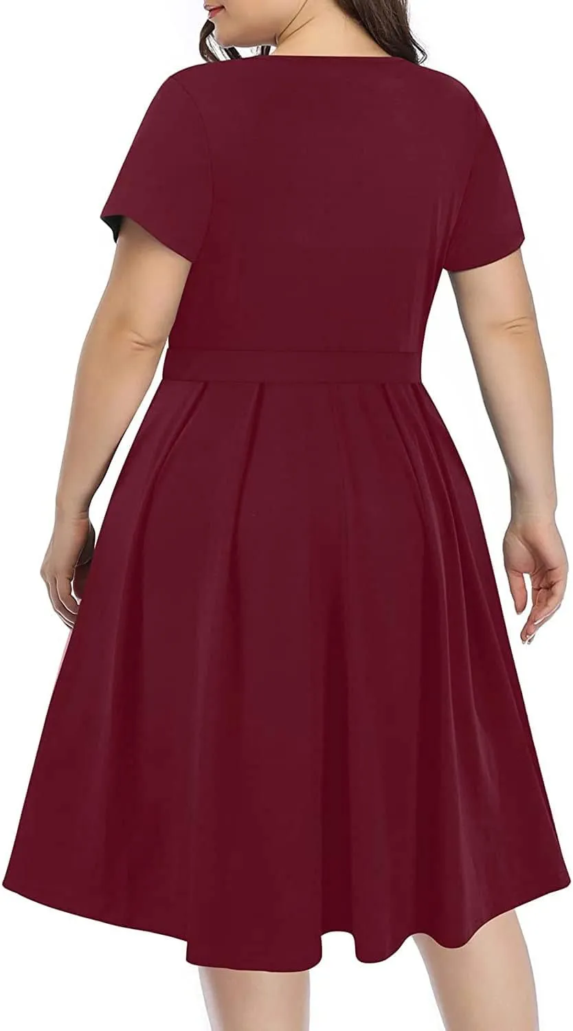 Pinup Fashion Plus Size Work Dress-Church Business Casual Short Sleeve A-Line Dress with Pockets