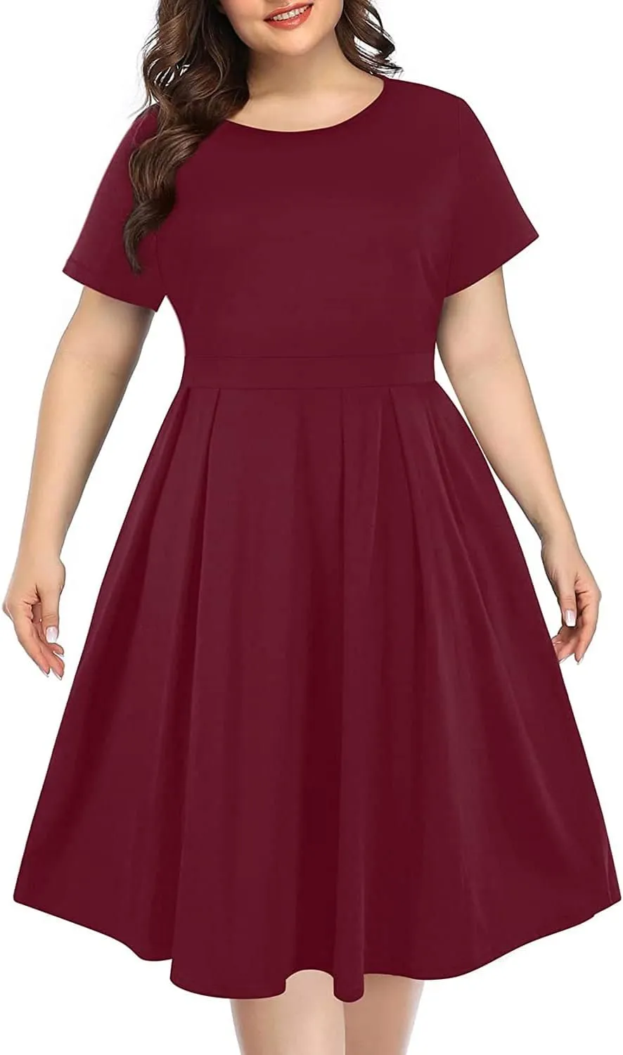 Pinup Fashion Plus Size Work Dress-Church Business Casual Short Sleeve A-Line Dress with Pockets