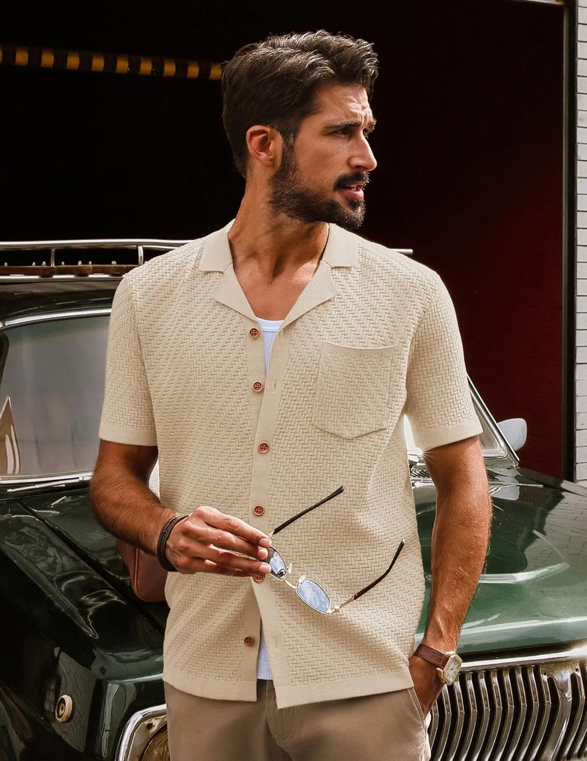 PJ PAUL JONES Mens Knit Shirts Casual Vintage Cuban Collar Short Sleeve Button Down Beach Polo Shirt