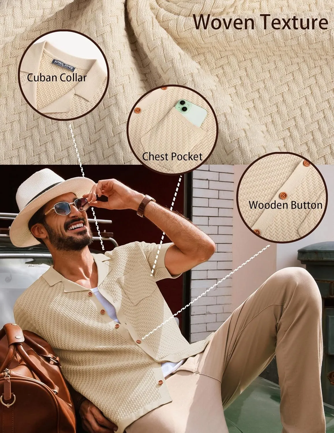 PJ PAUL JONES Mens Knit Shirts Casual Vintage Cuban Collar Short Sleeve Button Down Beach Polo Shirt