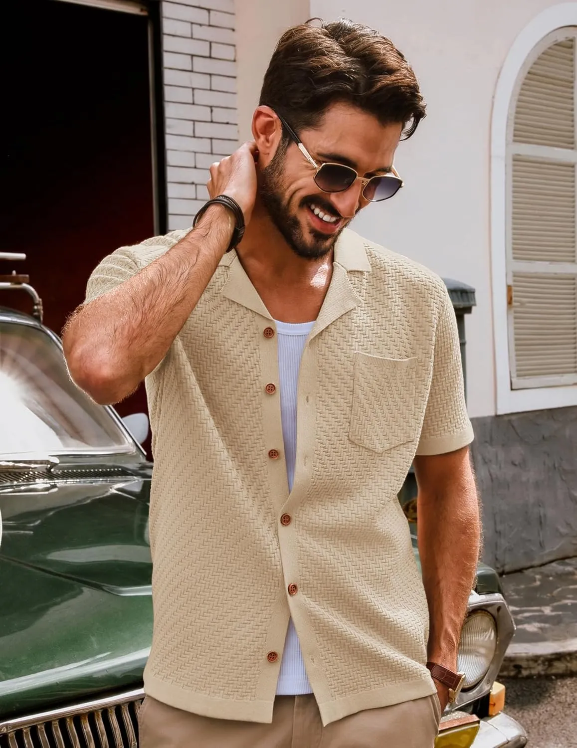 PJ PAUL JONES Mens Knit Shirts Casual Vintage Cuban Collar Short Sleeve Button Down Beach Polo Shirt