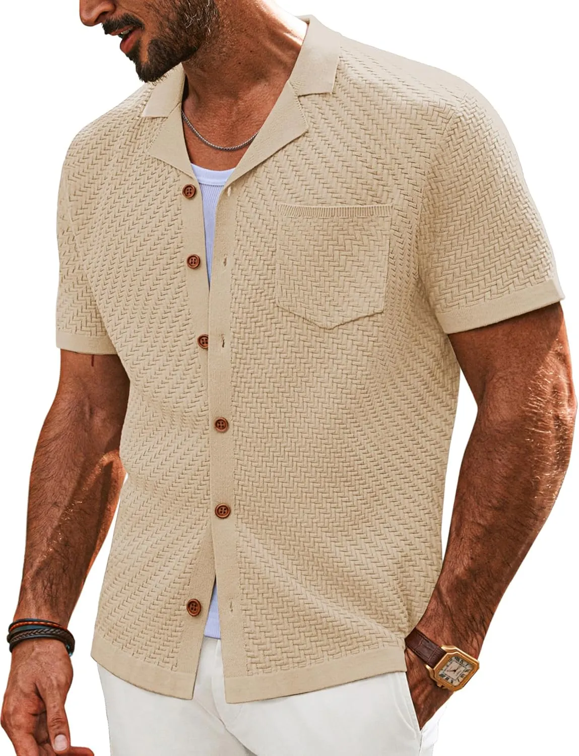 PJ PAUL JONES Mens Knit Shirts Casual Vintage Cuban Collar Short Sleeve Button Down Beach Polo Shirt