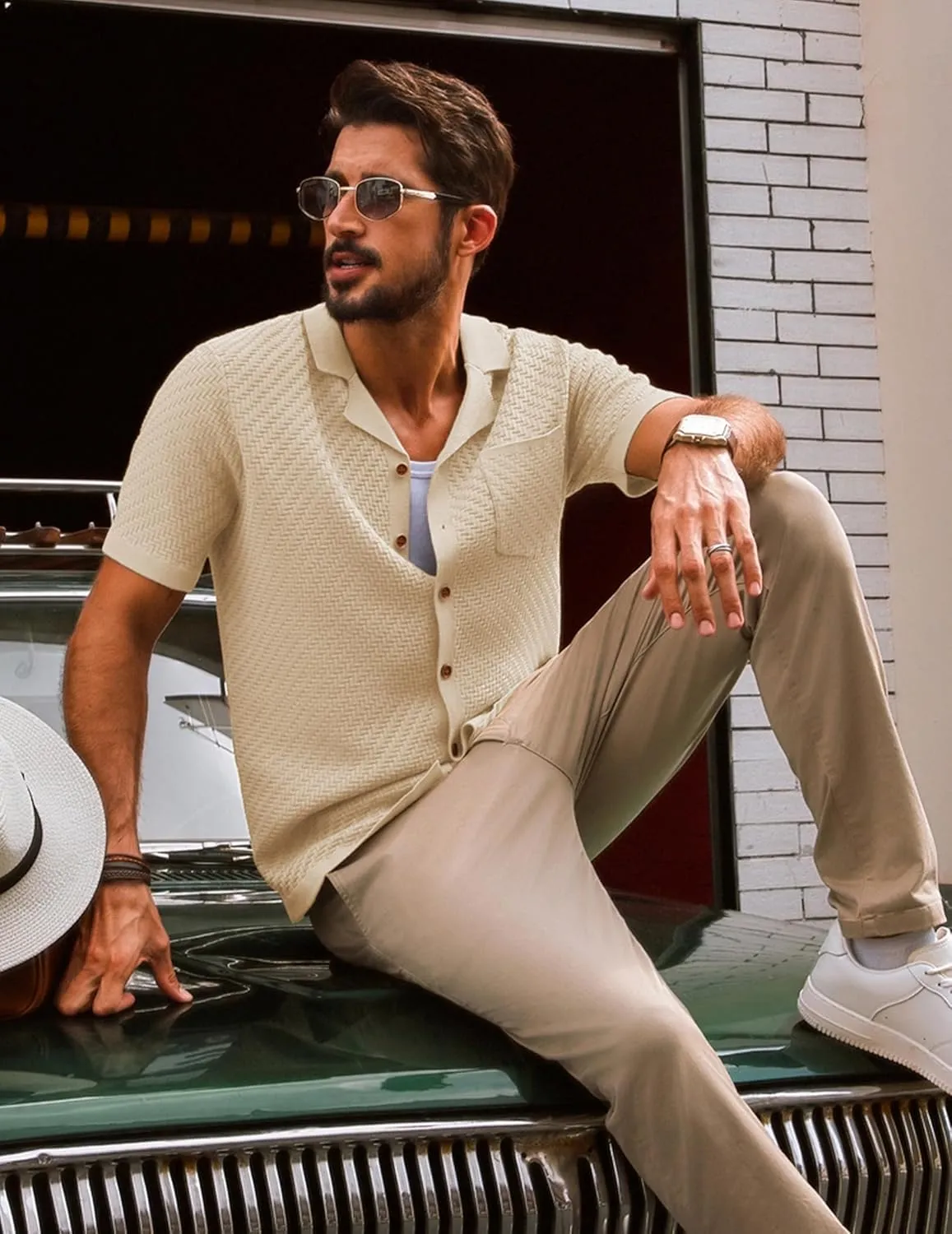 PJ PAUL JONES Mens Knit Shirts Casual Vintage Cuban Collar Short Sleeve Button Down Beach Polo Shirt