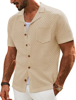 PJ PAUL JONES Mens Knit Shirts Casual Vintage Cuban Collar Short Sleeve Button Down Beach Polo Shirt