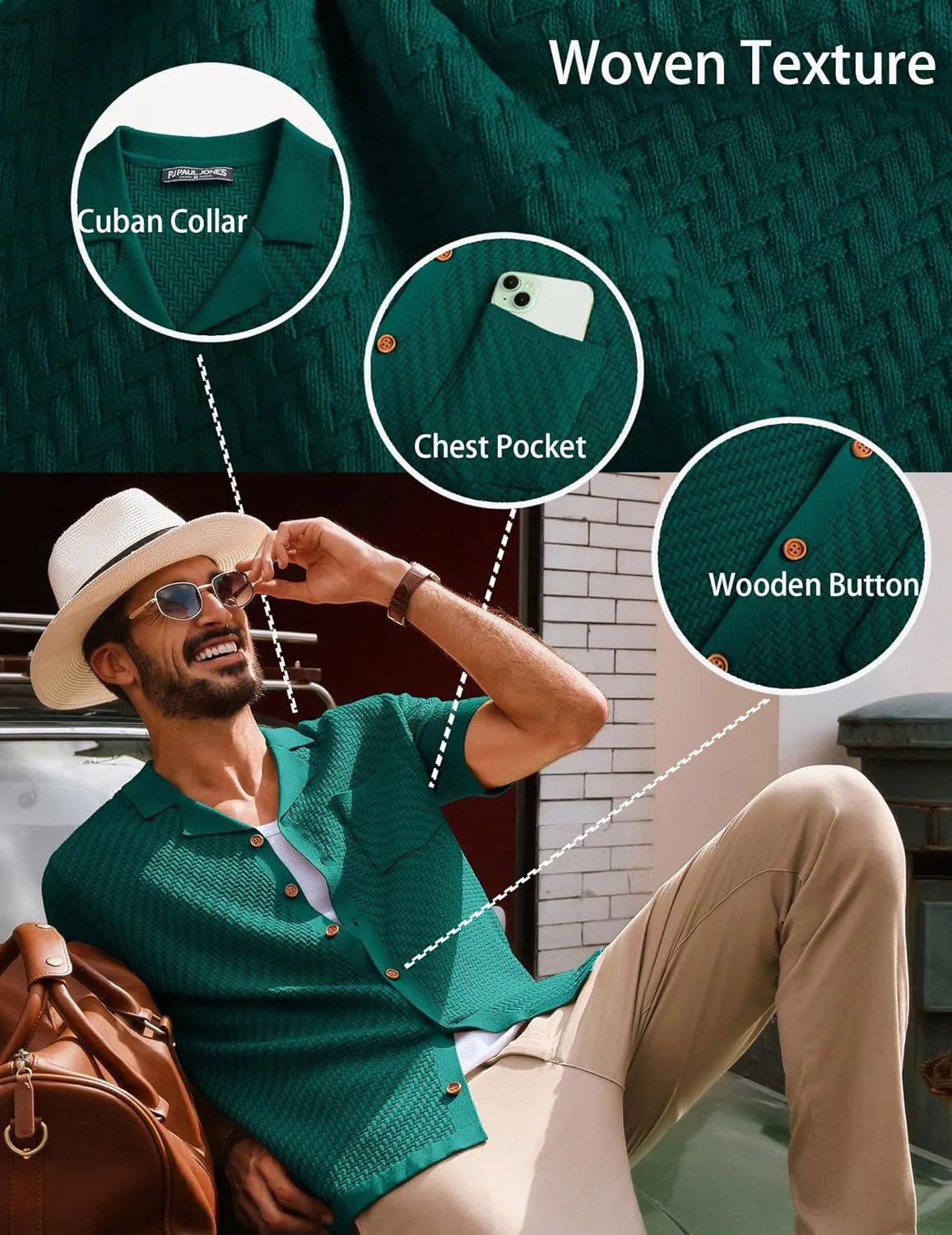 PJ PAUL JONES Mens Knit Shirts Vintage Retro Short Sleeve Button Down Vacation Polo Shirts