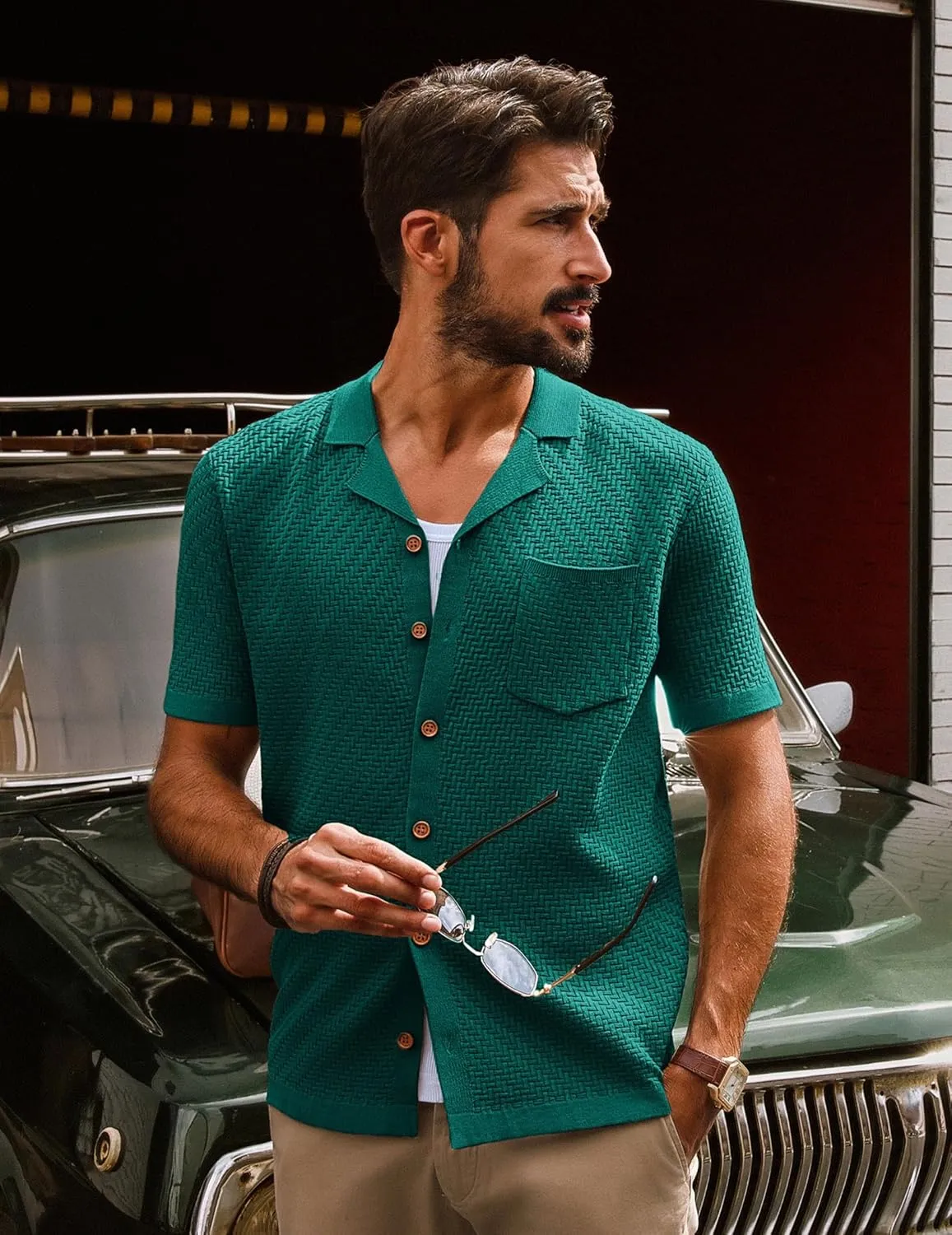 PJ PAUL JONES Mens Knit Shirts Vintage Retro Short Sleeve Button Down Vacation Polo Shirts