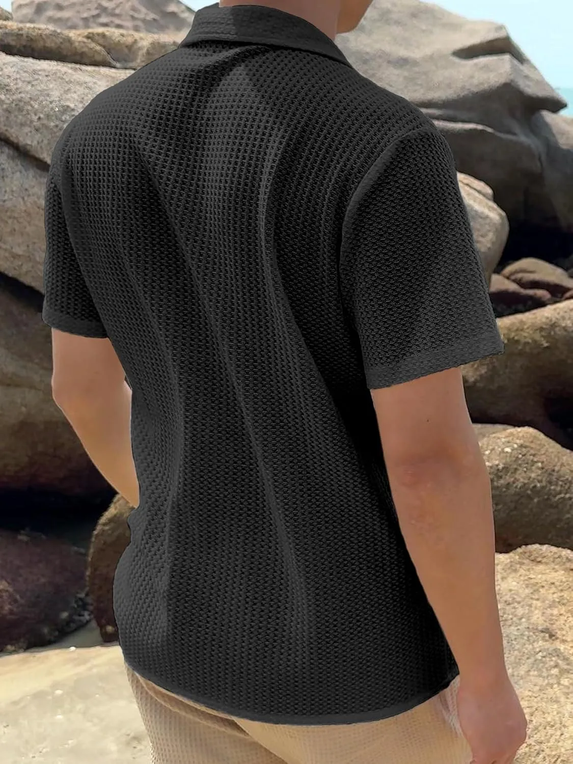 PLEPAN Men's Knit Polo Shirts Button Down Short Sleeve Casual Summer Beach Vintage Waffle Shirts for Men