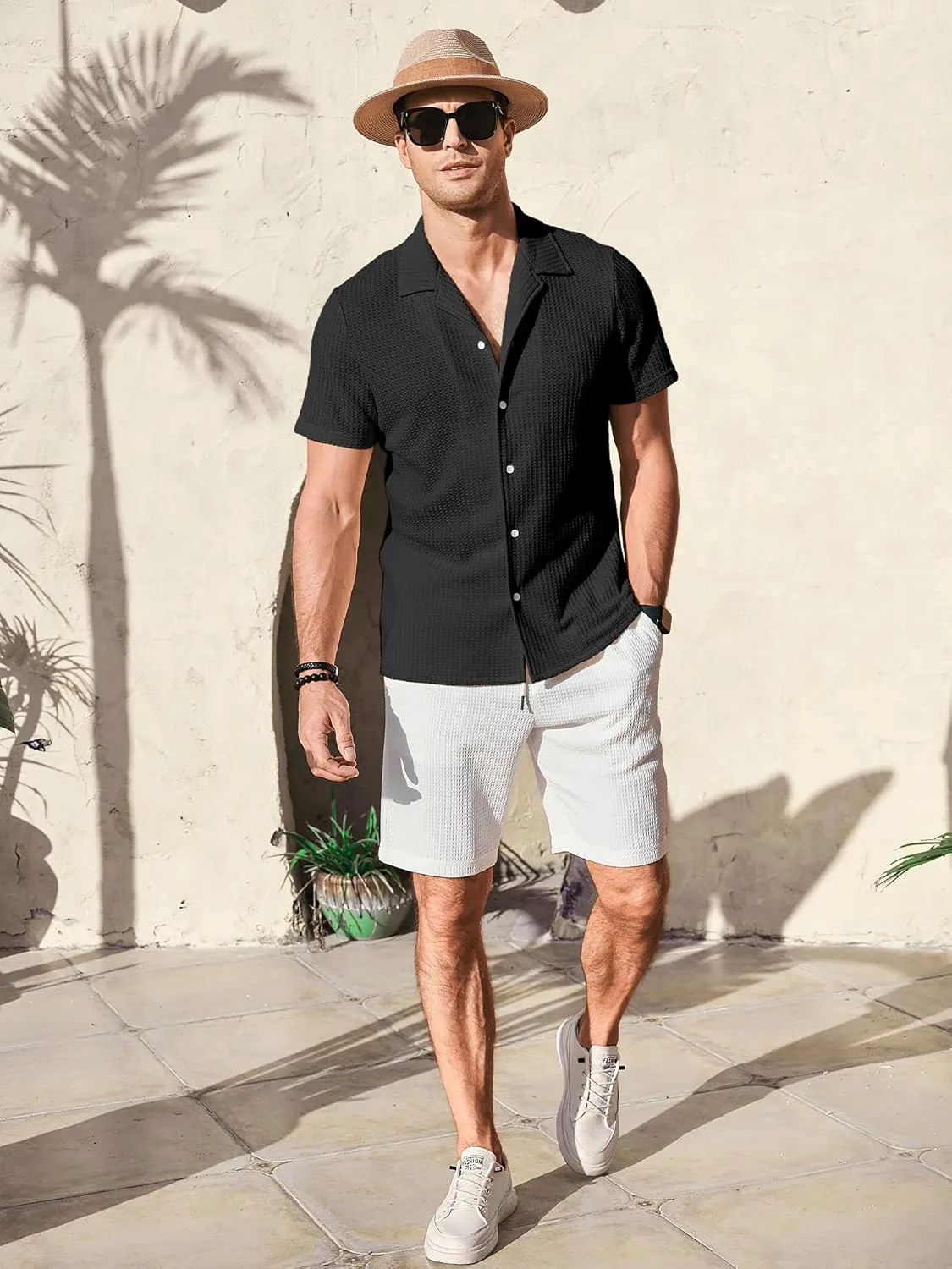 PLEPAN Men's Knit Polo Shirts Button Down Short Sleeve Casual Summer Beach Vintage Waffle Shirts for Men
