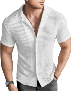PLEPAN Men's Knit Polo Shirts Button Down Short Sleeve Casual Summer Beach Vintage Waffle Shirts for Men