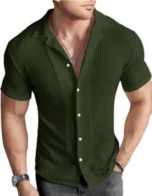 PLEPAN Men's Knit Polo Shirts Button Down Short Sleeve Casual Summer Beach Vintage Waffle Shirts for Men