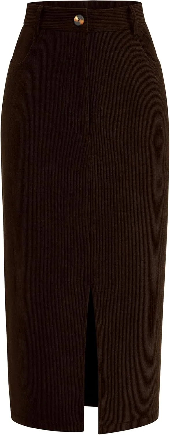 PRETTYGARDEN Women's Fall Midi Pencil Skirts Dressy Casual Work Office High Waisted Trendy Winter Corduroy Skirt with Slit